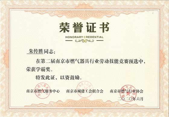 晨皓控股2020年南京市燃气具劳动技能大赛朱传胜学霸奖